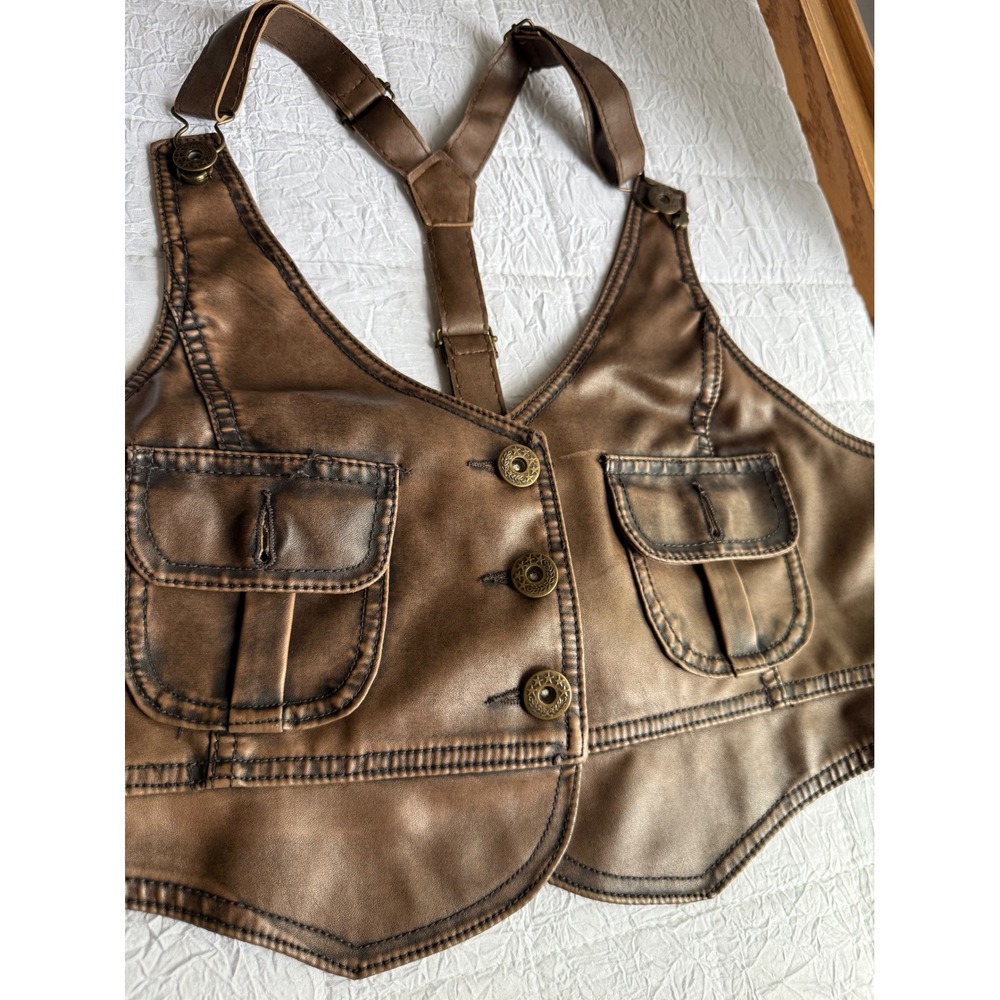 Steampunk Faux Leather Cropped Vest Brown Y-Back Suspender XL Distressed Western